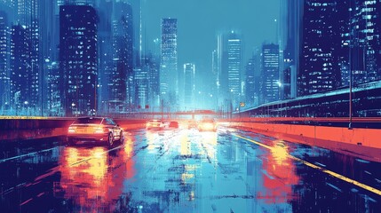 Futuristic Night Cityscape: Cars on a Rain-Soaked Highway with Neon Reflections