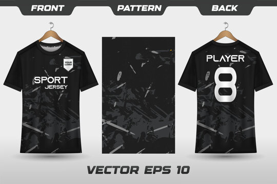 T-shirt sport jersey design template with abstract grunge halftone pattern background. Sport uniform in front view. T-shirt mock up for sport club. Vector Illustration