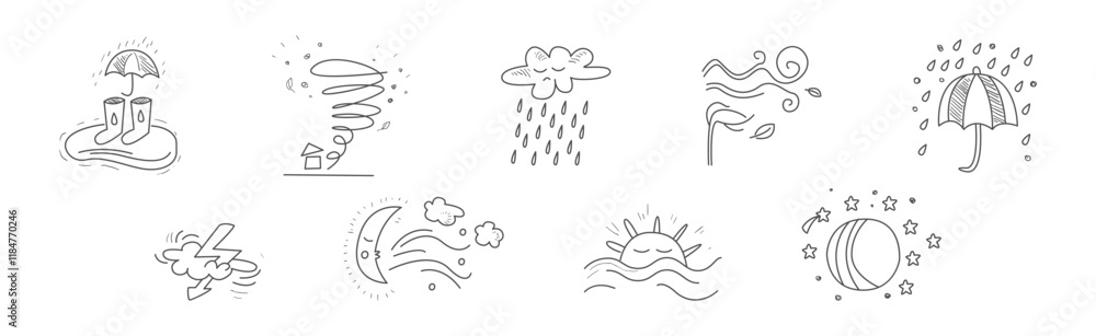 Aufkleber cute weather line object and doodle drawn element vector set