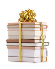 Stack of books with golden bow as gift isolated on white
