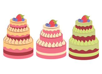 Pistachio cake. The wedding cake. Strawberry cake. Sweet desserts.Sweet bakery piece.Pastry dessert with cream.Delicious cake with fresh berries.