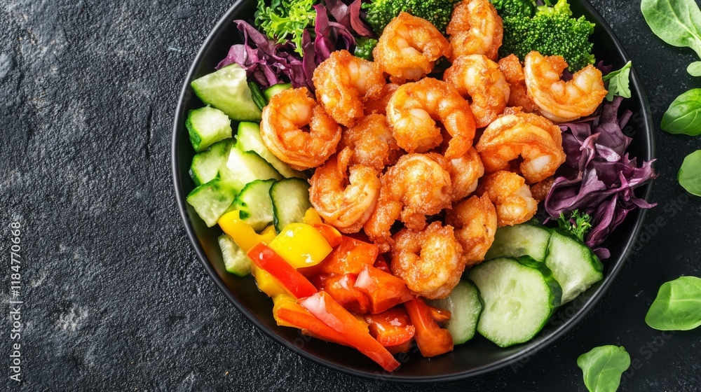 Sticker A vibrant plate of tempura shrimp with an assortment of colorful vegetables, drizzled with a tangy sauce, arranged beautifully on a dark stone surface.