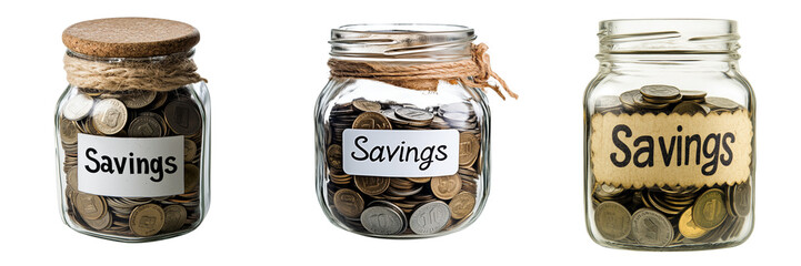 Set of A close-up of a glass jar filled with coins on transparent png background