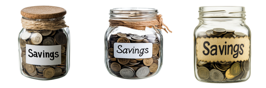 Set of A close-up of a glass jar filled with coins on transparent png background - Powered by Adobe