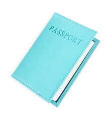 Passport in light blue cover isolated on white, top view