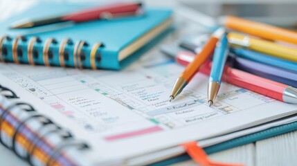A planner surrounded by colorful pens, emphasizing organization and productivity.