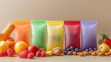 Colorful fruit and nut selection with vibrant snack packaging