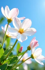 Fototapeta premium Close-up. A branch of spring flowers against a background of blue sky in vertical format. Women's Day.
