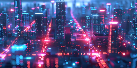 Fototapeta premium Futuristic Cityscape with Neon Lights, Smart Urban Design and Nightlife Innovation 