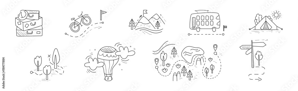 Poster travel and vacation line object and element vector set