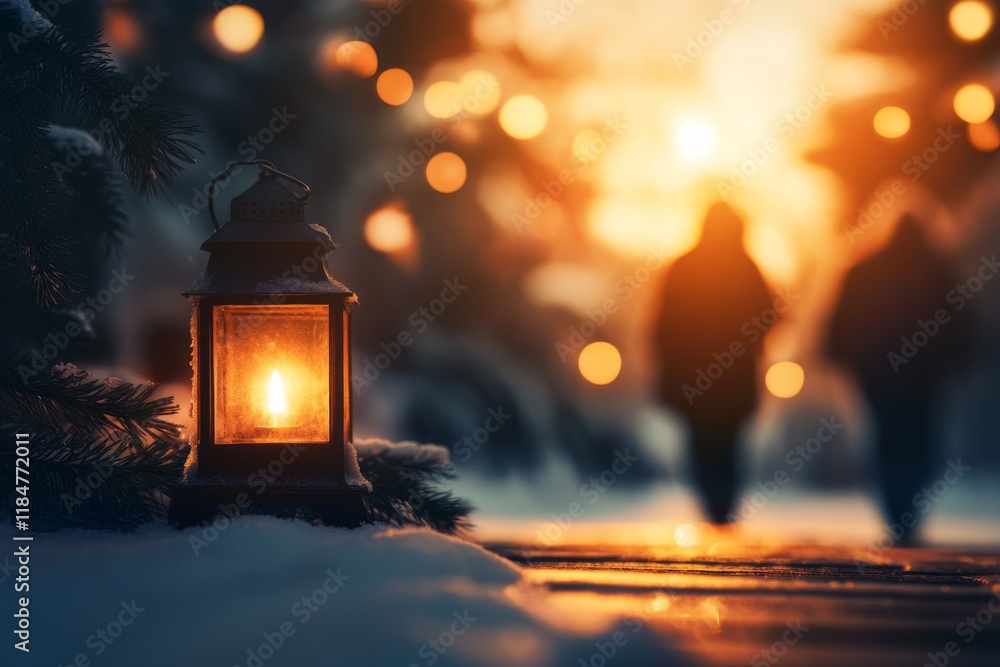 Aufkleber Warm light from a lantern illuminates snow-covered evergreen branches, creating a peaceful atmosphere as two figures walk in the background during winter twilight