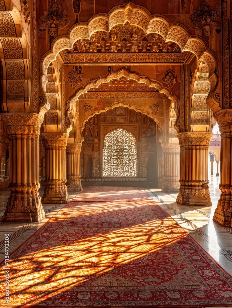 Poster sunlight streams through ornate windows, highlighting vibrant textiles and intricate carvings in a r