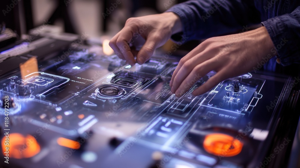 Poster engineer is designing a new product using a futuristic transparent interactive display screen, touch