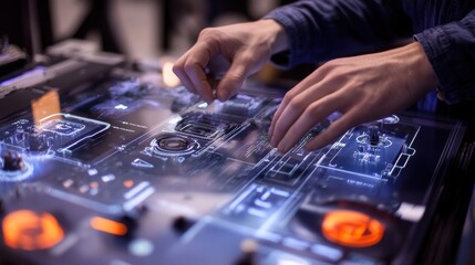 Naklejka premium Engineer is designing a new product using a futuristic transparent interactive display screen, touching the holographic projections with his fingertips