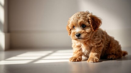 Mini goldendoodle puppy. Tiny curly dog portrait