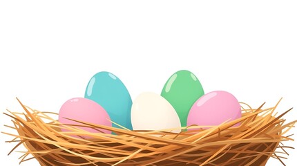 Naklejka premium Colorful Easter eggs in a straw nest on a white background