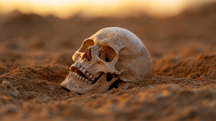 skeleton human skull in the desert, close-up of weathered bones partially in sand