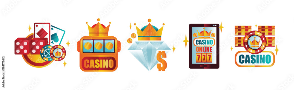 Poster casino game flat object and element vector set