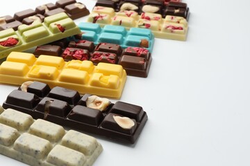 Different tasty chocolate bars on white background, closeup. Space for text