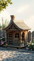 An adorable intricately crafted vintage wooden dog house.