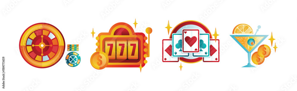 Aufkleber casino game flat object and element vector set
