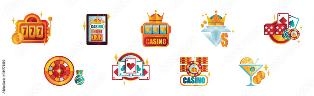 Aufkleber casino game flat object and element vector set