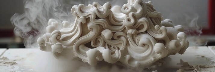 A robotic arm skillfully sculpts a detailed clay piece, surrounded by natural light in a creative studio