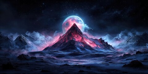 Scifi landscape of an endless desert with glowing peaks under a celestial moon stunning visuals futuristic concept