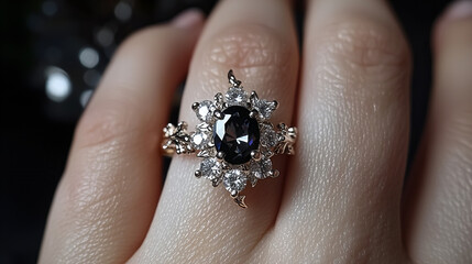 Obraz premium Unique one of a kind rainbow sapphire diamond ring showcased on a hand in elegant setting