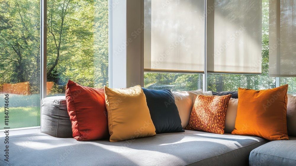Poster sunlit window seat with colorful pillows.