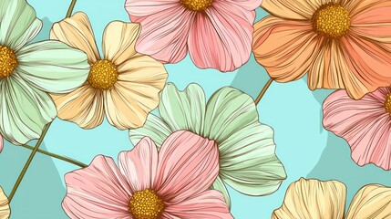 Pastel cosmos flower design, summer background, textile print