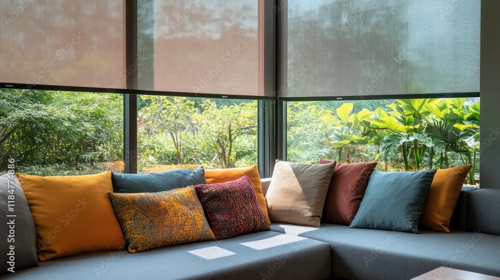 Poster sunlit corner sofa with colorful pillows near large window overlooking lush green garden.