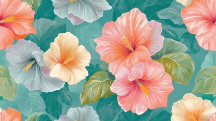 Pastel Hibiscus Floral Seamless Pattern Teal Background Textile Design