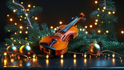 Fototapeta premium A beautifully crafted wooden violin rests atop a decorative arrangement of evergreen branches, surrounded by soft golden lights and shiny silver and gold ornaments. The background is a deep black.
