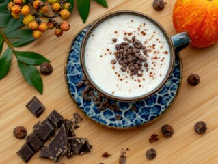 Creamy Earl Grey latte with chocolate garnish: Blue ceramic cup, seasonal berries, warm drink, cozy setup