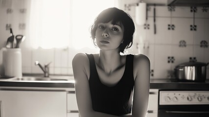 Young woman with contemplative mood sitting in a kitchen against a bright background