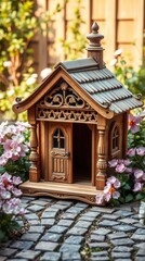 An adorable intricately crafted vintage wooden dog house.
