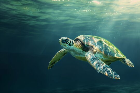 A sea turtle gracefully swims through the clear blue waters of the ocean, showcasing its beautiful shell pattern and serene movements in a sunlit underwater environment