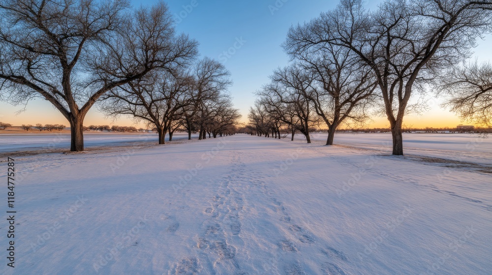 Poster a tranquil winter evening unfolds as long shadows stretch across a snowy path, illuminated by a soft