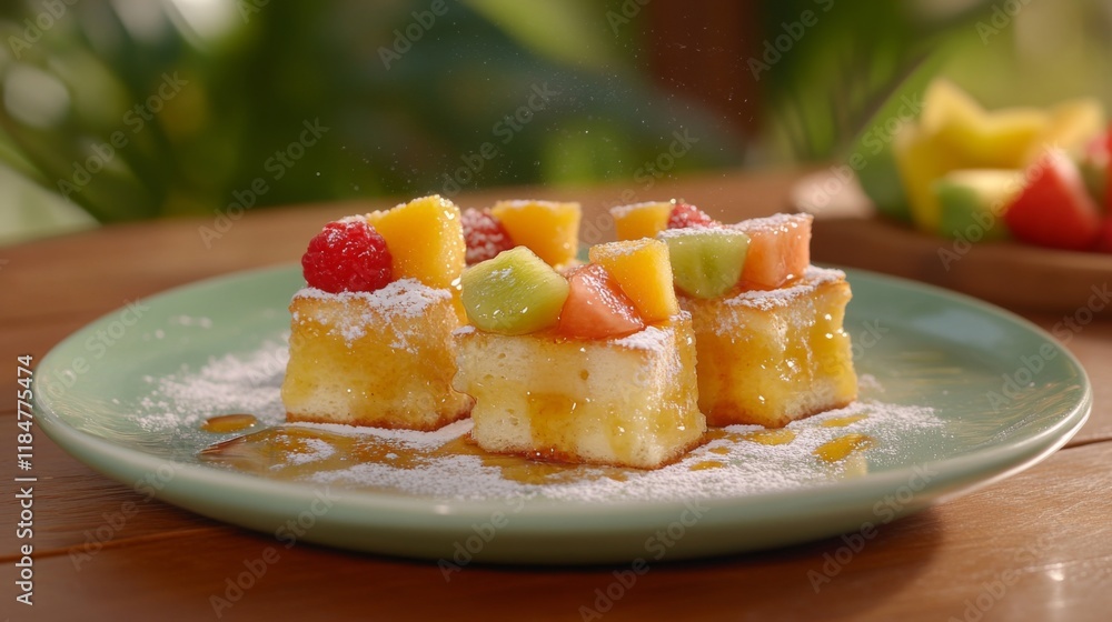 Poster a whimsical presentation of mini honey toast bites served on a plate, topped with colorful fruit and