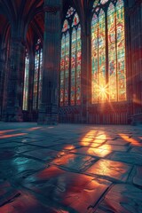 Discover the stunning Gothic interior with tall arches and vibrant stained glass creating colorful reflections