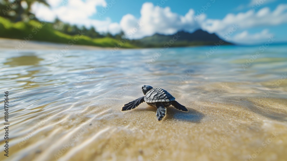Poster A wide-angle view of a sea turtle hatchling making its way from the nest to the ocean, with a focus on the tiny turtle against a sandy beach backdrop.