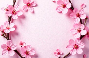 Top view of a sakura branch on a pale pink background with space for an inscription.