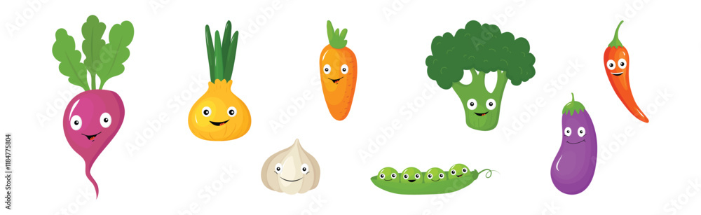Poster funny vegetable character with smiling face vector set