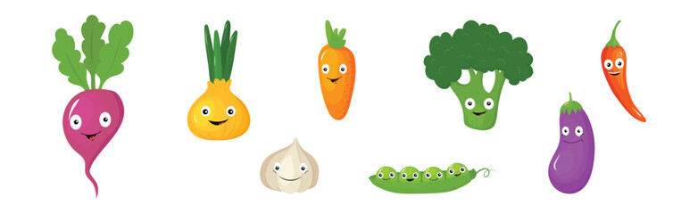 Funny Vegetable Character with Smiling Face Vector Set