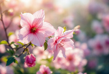 Obraz premium Flowers blooming in soft pink and white colors with delicate petals and green leaves in a garden setting featuring nature, spring, blossom