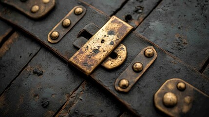 Antique Wooden Chest Clasp Closeup, Rustic Texture, Background Blurred