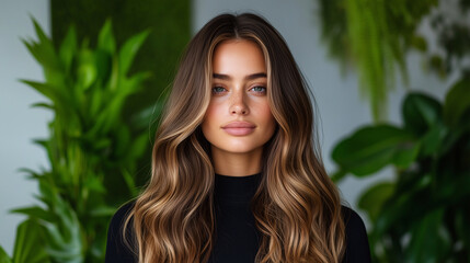 Fototapeta premium portrait of a beautiful woman with long healthy wavy hair again a blurred floral background and pink flowers 