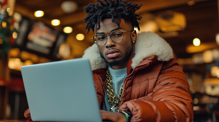 Obraz premium Young Man Working on Laptop in Cozy Cafe with Warm Lighting and Modern Style