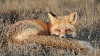 Fototapeta premium A resting red fox nestled in dry grass, showcasing its vibrant fur and alert expression.
